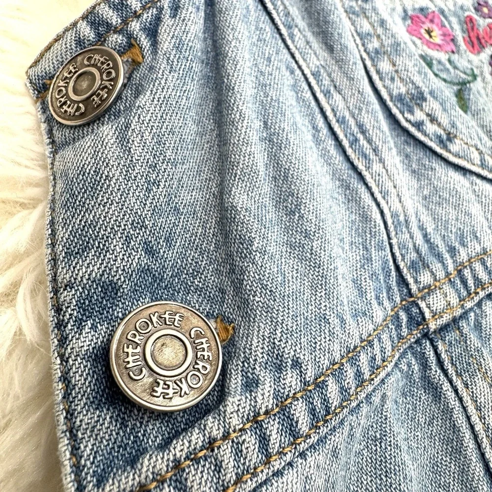 Vtg 90s Cherokee Denim Overall Dress Girls Size 6 Embroidered Floral Cottagecore